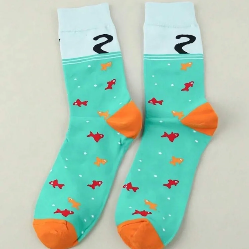 Aqua orange black cat catching fish Womens crew socks cute gift for cat lovers